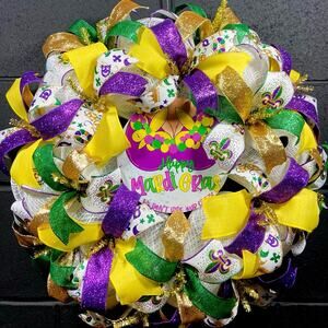 Large Mardi Gras Wreath Purple Green Yellow Handmade 24 Inch Front Door Decor